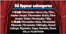  ??  ?? 15 juli: Filmstaden Heron city, Filmstaden Sergel, Filmstaden Sickla, Filmstaden Söder, Filmstaden Täby.
20 juli: Filmstaden Kista, Filmstaden Råsunda, Filmstaden Vällingby, Grand Lidingö, Rigoletto, Saga, Skandia, Sture.