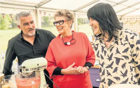  ?? Mark Bourdillon ?? > The Great British Bake Off judges Paul Hollywood and Prue Leith with presenter Noel Fielding