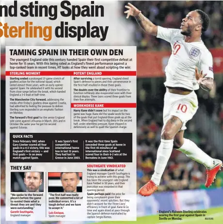  ?? REUTERS ?? England’s Raheem Sterling celebrates scoring the first goal against Spain in Seville on Monday.