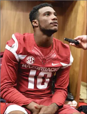  ?? Craven Whitlow/Special to News-Times ?? Looking up: Arkansas' Jordan Jones addresses a reporter during Media Day. Jones, a redshirt freshman from Smackover, is expected to be a factor at wide receiver this season for the Razorbacks.