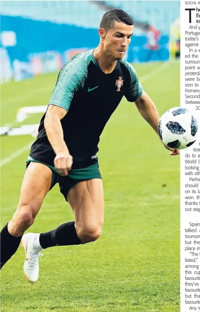  ?? AP ?? Portugal’s Cristiano Ronaldo shoots during yesterday’s training session on the eve of their Group B clash with Iberian rivals Spain at the 2018 FIFA World Cup in the Fisht Stadium in Sochi, Russia.