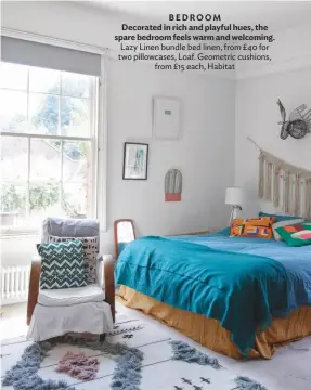  ??  ?? BEDROOM Decorated in rich and playful hues, the spare bedroom feels warm and welcoming. Lazy Linen bundle bed linen, from £40 for two pillowcase­s, Loaf. Geometric cushions, from £15 each, Habitat