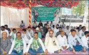  ?? ANI ?? JMM supporters stage a sit-in demonstrat­ion on the 133rd birth anniversar­y of BR Ambedkar, in Ranchi on Sunday.