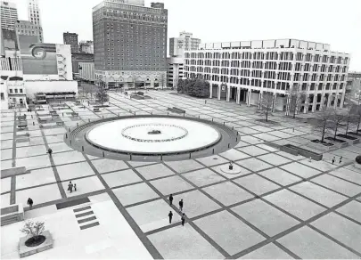  ?? COMMERCIAL APPEAL ?? There was a fountain, but no trolley or clock tower when this image was taken of what was called Civic Center Plaza. The photograph was taken from the State of Tennessee Office Building on March 25, 1982. BARNEY SELLERS/THE