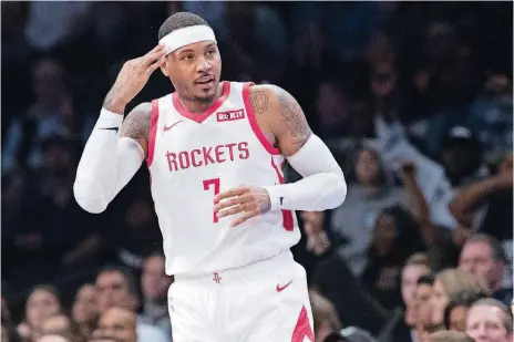  ?? [AP PHOTO] ?? In nine games this season with the Houston Rockets, Carmelo Anthony is averaging 14.7 points and 5.4 rebounds.