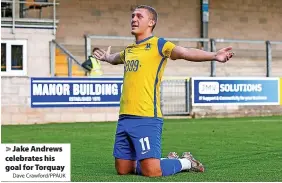  ?? Dave Crawford/PPAUK ?? Jake Andrews celebrates his goal for Torquay