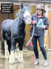  ??  ?? Cinders with new owner Julie and the award