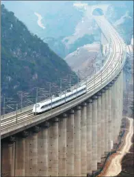  ?? ZOU HONG / CHINA DAILY ?? A train crosses a bridge in Guizhou province on Dec 29, the first day of operations for the Kunming-Guiyang high-speed railway.