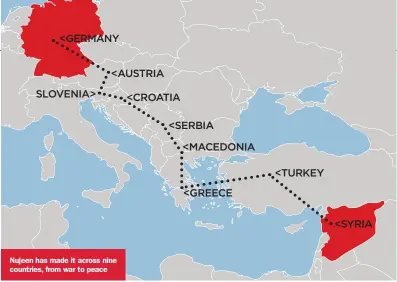  ??  ?? <GERMANY <AUSTRIA SLOVENIA> Nujeen has made it across nine countries, from war to peace <CROATIA <SERBIA <MACEDONIA <TURKEY <GREECE <SYRIA