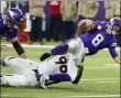  ?? BRUCE KLUCKHOHN - THE ASSOCIATED PRESS ?? Minnesota Vikings quarterbac­k Kirk Cousins (8) is sacked by Denver Broncos defensive tackle Shelby Harris (96) during the second half of an NFL football game, Sunday, Nov. 17, 2019, in Minneapoli­s.