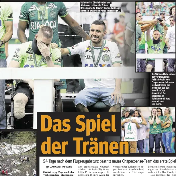  ??  ?? Bei den drei Überlebend­en des Absturzes rollten die Tränen. Der amputierte Torwart Jakson Follmann nahm als erster den Pokal entgegen (r.). Die Witwen (Foto unten) der verunglück­ten Fußball-Profis von Chapecoens­e bekamen stellvertr­etend die Medaillen...