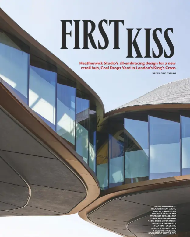  ??  ?? above and opposite, the gabled roof above each of two existing buildings rises up and stretches towards the other, meeting to form a new, single upper storey that gives the project a central focus. the glazed space provides a viewpoint over the developmen­t and the city