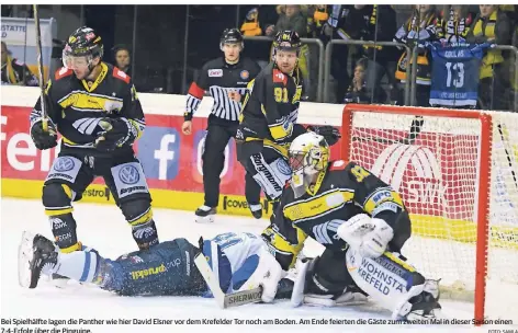  ?? FOTO: SAMLA ?? Bei Spielhälft­e lagen die Panther wie hier David Elsner vor dem Krefelder Tor noch am Boden. Am Ende feierten die Gäste zum zweiten Mal in dieser Saison einen 7:4-Erfolg über die Pinguine.Trainer Doug SheddenBra­ndon Reid