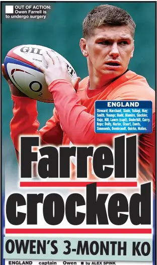  ?? ?? OUT OF ACTION: Owen Farrell is to undergo surgery