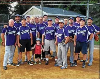  ?? SUBMITTED PHOTO ?? Members of the Road Scholar Transport team, which repeated as Tri-County 50 &amp; Over Senior Modified Softball League champion, include, from left: Randy Lane, Ruben Torres, Ron Grant, Scott Minnier, Les Garrison, Dave Domsohn, Ken Romig, Mike Long, Joe Bonavita, Wayne Taylor, Chris Sanchez, Joe Williamson, Dan Yost, Dennis Shelly, Rick Lasak and Jose Rodriguez. Also pictured is the bat boy, Grayson.