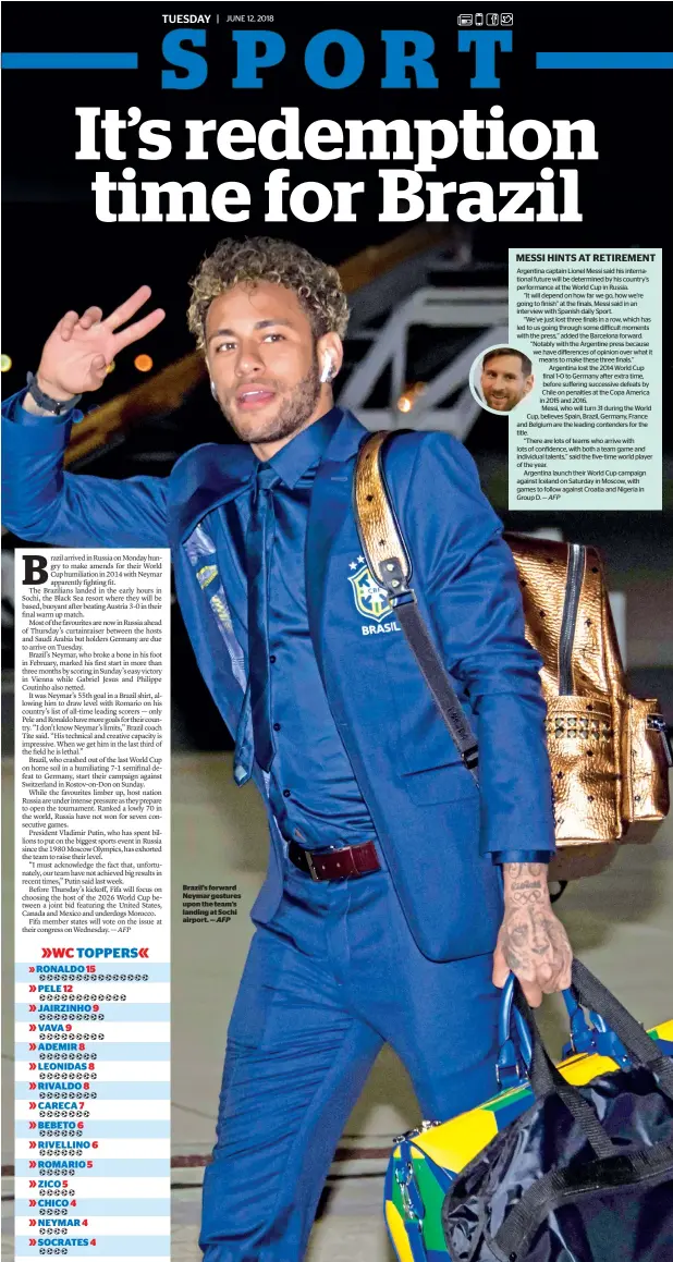  ?? — AFP ?? Brazil’s forward Neymar gestures upon the team’s landing at Sochi airport.