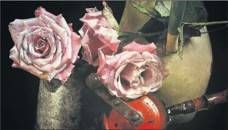  ??  ?? Patsy Whiting, ‘Roses, Jug and Drill’, coloured pencil on paper.