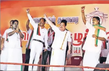  ?? PTI ?? Bharatiya Janata Party (BJP) national president JP Nadda (centre) addresses a public rally in Puducherry on Sunday. He asserted his party would sweep the upcoming Puducherry assembly elections and assured people of the union territory a corruption-free and developmen­t-oriented government. Assembly elections are expected in April or early May in Puducherry.
