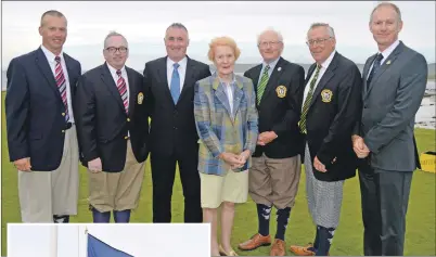  ??  ?? Above, left to right, are Mark Wehring and John Crow Miller, captain and secretary of the American team; Calum MacMillan, vice-captain, Machrihani­sh; Belle Robertson MBE, guest of honour; Chris Walker, British Golf Collectors Society; Nigel Notley,...