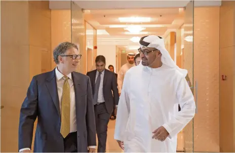  ?? Abu Dhabi Crown Prince Court ?? Sheikh Mohammed bin Zayed, Crown Prince of Abu Dhabi and Deputy Supreme Commander of the Armed Forces, receives Bill Gates prior to the Heroes of Polio Eradicatio­n awards ceremony at Al Mamoura in December 2015