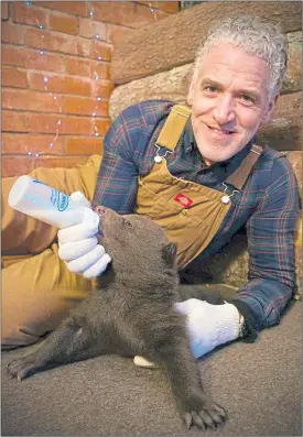  ??  ?? Gordon Buchanan gives one of abandoned bear cubs some milk