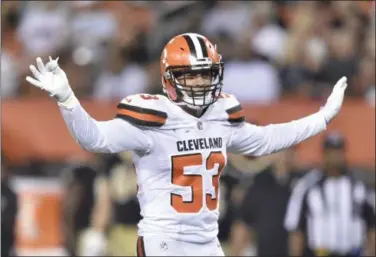  ?? DAVID RICHARD — THE ASSOCIATED PRESS ?? Browns outside linebacker Joe Schobert stands on the field during a preseason game against the Saints on Aug. 10 in Cleveland.