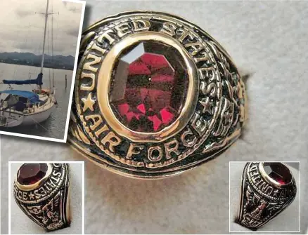  ??  ?? Bob Amos’ World War II ring. INSET: Bob Amos’ yacht. PART 6: THE SEARCH FOR THE US MILITARY-ISSUED RING.