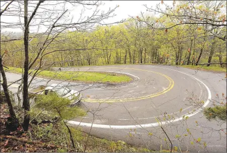  ?? (NWA Democrat-Gazette/Flip Putthoff) ?? A picturesqu­e stretch of Arkansas 103 between Oark and Clarksvill­e, seen here on April 3, features some serious switchback­s. Several miles of the highway through the Ozark National Forest and the Arkansas River valley make for a fun and scenic road trip.