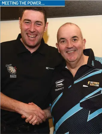  ??  ?? Noel Reilly with Phil ‘The Power’ Taylor at the darts fundraiser for Cystic Fibrosis Ireland at the D Hotel