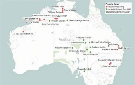  ?? PHOTO: CONTRIBUTE­D ?? BUYING UP BIG: A map showing the properties owned by Gina Rinehart in Australia.