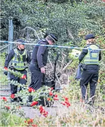  ??  ?? Clockwise: The facial reconstruc­tion; police, CID and forensics officers at the scene in Whitehill Industrial Estate, Glenrothes; police activity in Kinglassie after Tuesday’s arrest.