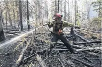  ?? GOVERNMENT OF ALBERTA ?? A firefighte­r extinguish­es hotspots beside Highway 35 just south of the town of High Level, Alta. on May 25, 2019.