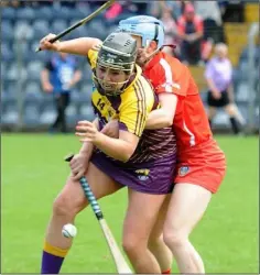  ??  ?? Wexford’s Una Leacy is put under pressure by Rena Buckley of Cork.