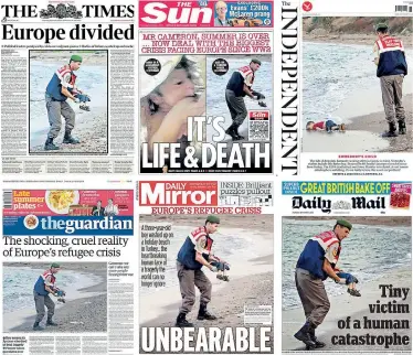  ??  ?? A year ago: The front pages of six British national newspapers featuring the picture of Alan Kurdi