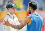  ?? AP ?? Australia captain Steven Smith (left) and India captain Virat Kohli shake hands after India won the Dharamsala Test on Tuesday.