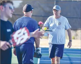  ?? (River Valley Democrat-Gazette/Hank Layton) ?? David Korvick (from right), Brian Garner, Domnic Youngblood and others play pickleball Tuesday at the Chaffee Crossing Pickleball Complex.