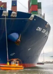  ?? FOTO JORIS HERREGODS ?? Een schip van het Franse CMA CGM aan de DP World-terminal in de Antwerpse haven.