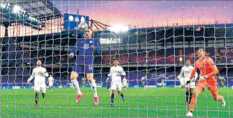  ?? AFP ?? Chelsea's German striker Timo Werner heads a rebounding ball to score the opening goal during the UEFA Champions League second leg semi-final between Chelsea and Real Madrid at Stamford Bridge in London on Wednesday.