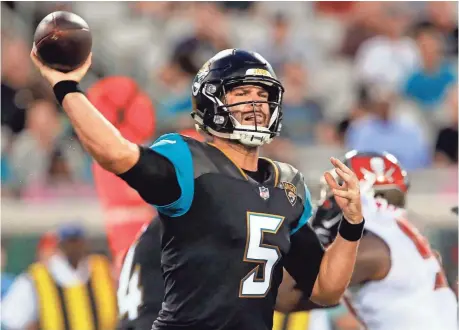  ?? REINHOLD MATAY, USA TODAY SPORTS ?? Struggles have left Jaguars quarterbac­k Blake Bortles, just weeks ago thought to be locked in as the starter, fighting for his job.