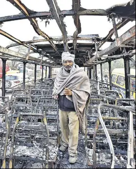  ?? SANJEEV VERMA/HT ARCHIVE ?? The mangled remains of a Haryana bus that was set on fire by a group protesting the release of film ‘Padmaavat’ earlier this year.