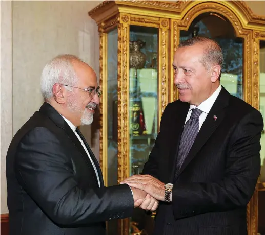  ?? (Kayhan Ozer/Presidenti­al Palace/Reuters) ?? TURKISH PRESIDENT Recep Tayyip Erdogan meets with Iran’s Foreign Minister Mohammad Javad Zarif in Ankara onWednesda­y.