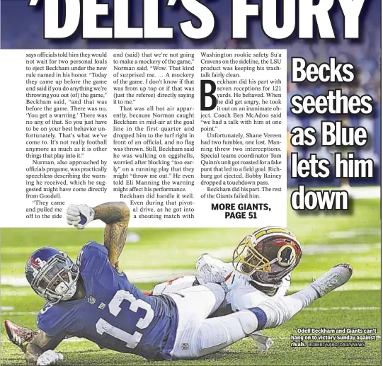  ?? ROBERT SABO/DAILY NEWS ?? Odell Beckham and Giants can’t hang on to victory Sunday against rivals.