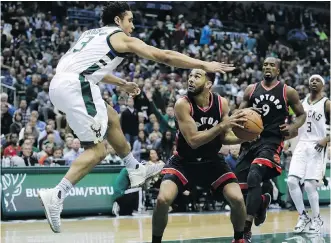  ?? MORRY GASH/ THE ASSOCIATED PRESS ?? A clutch late basket by Cory Joseph, the product of some good ball movement among three players, helped the Toronto Raptors eliminate the Milwaukee Bucks on Thursday.