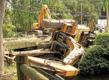  ?? CHRIS BARBER — DIGITAL FIRST MEDIA ?? The bridge collapsed as the west side concrete support gave way as a driver was going over it in a backhoe.