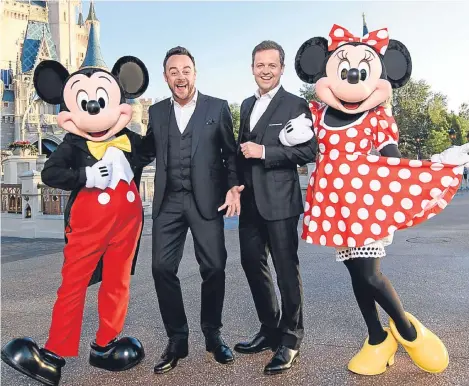 ??  ?? THE series finale of Ant and Dec’s Saturday Night Takeaway will be broadcast live from Walt Disney World in Florida this weekend, with up to 200 fans of the show joining the hosts.
The TV duo (pictured with Disney favourites Mickey and Minnie Mouse)...