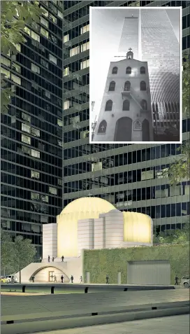  ??  ?? UPLIFTING: An artist’s rendering shows spectacula­r design features of the long-delayed church to replace the St. Nicholas (inset), destroyed on 9/11.