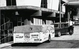  ??  ?? Below: Donn with Jack Inwood’s near-new Fiat 1500 and the Graeme Lawrence–brabham racing trailer outside the Christchur­ch Lyttelton Tunnel traffic command building in January 1964, a year after the opening. This building was damaged and closed following the 2011 earthquake (photo: Jack Inwood)