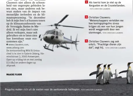  ?? FOTO CHRISTIAN CLAUWERS FOTO CHRISTIAN CLAUWERS FOTO CHRISTIAN CLAUWERS FOTO CHRISTIAN CLAUWERS ?? Pinguïns maken zich uit de voeten voor de aankomende helikopter.
Als toerist kom je niet op de Kerguelen en de Crozeteila­nden.
Christian Clauwers: “Wetenschap­pers vertelden me hoe koningspin­guïns stress krijgen als een van hun jongen wordt weggeroofd door een stormvogel.
Christian Clauwers zag ook orka’s. “Prachtige dieren zijn dat”, zegt hij.