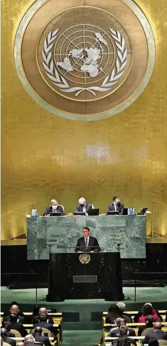  ?? Brendan Mcdermid - 20.set.22/reuters ?? Jair Bolsonaro discursa na Assembleia-geral da ONU, em Nova York