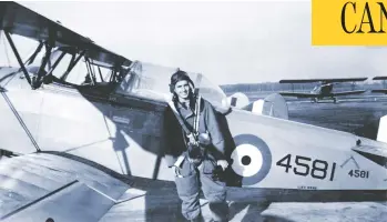  ?? ANDREW CARSWELL / NARROW CONTENT ?? Andrew Carswell beside a Fleet Finch trainer in 1941 at a flying school in Goderich, Ont. Carswell went on to pilot Lancaster bombers and at age 19 survived being shot down after a raid on Berlin in 1943, becoming a prisoner of war.